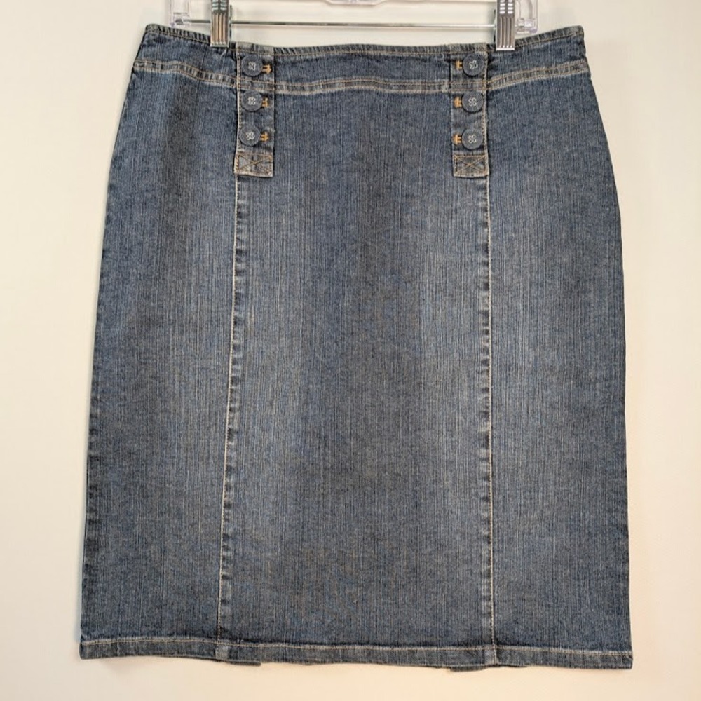 J Jill Stretch Denim Midi Jean Skirt 12 Side Zip Twee Academia Casual Friday
